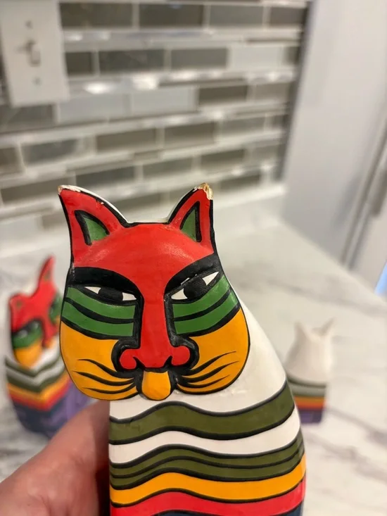 Vintage Laurel Burch style Cat figurines wooden hand painted folk art cat decor - Picture 6 of 9